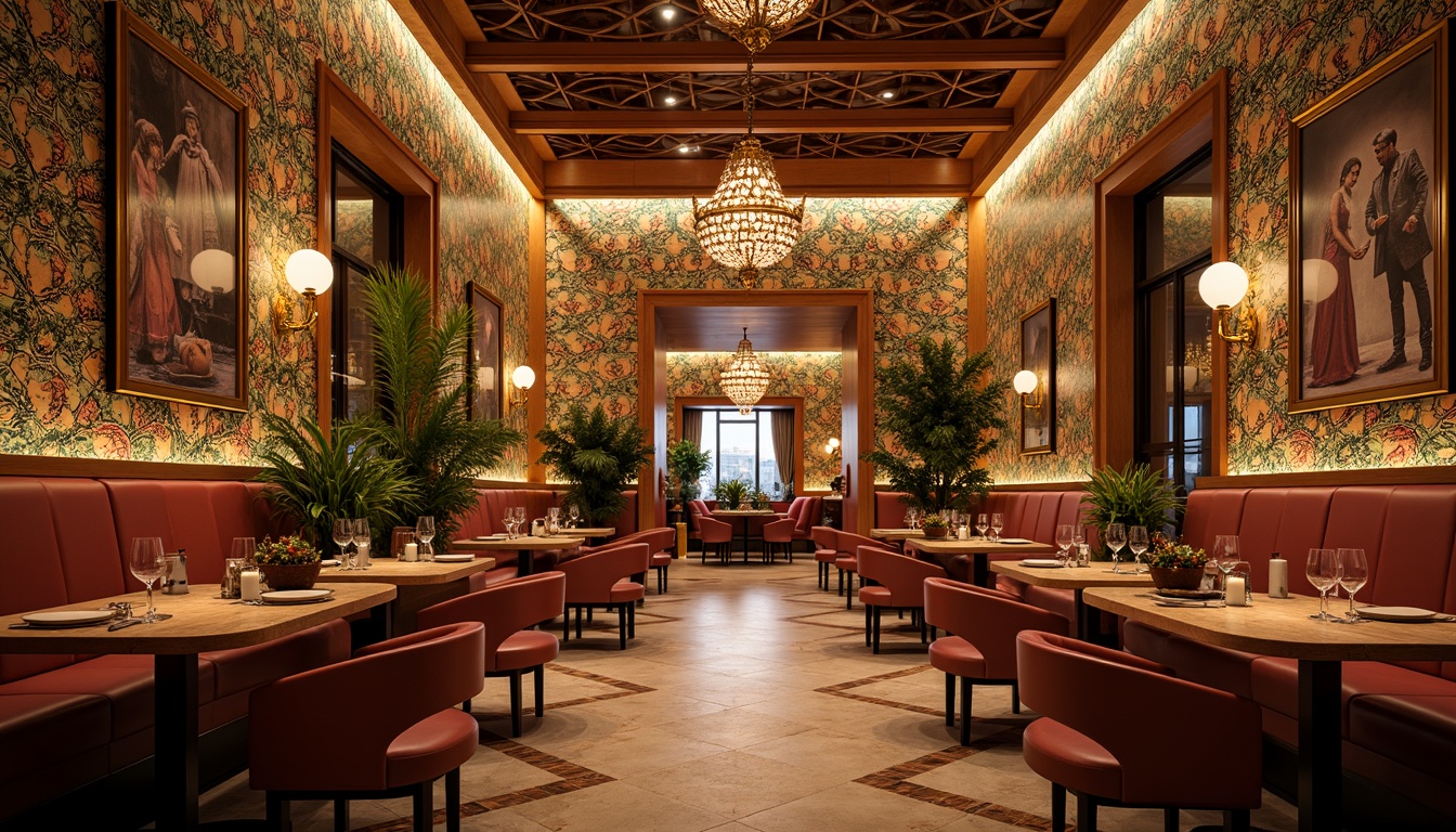 Prompt: Vibrant dining hall, ornate mosaic walls, intricate tile patterns, luxurious chandeliers, polished marble floors, elegant wooden tables, comfortable velvet chairs, ambient warm lighting, shallow depth of field, 1/1 composition, realistic textures, rich colors, Mediterranean-inspired decor, lavish furnishings, sophisticated atmosphere, fine dining experience.