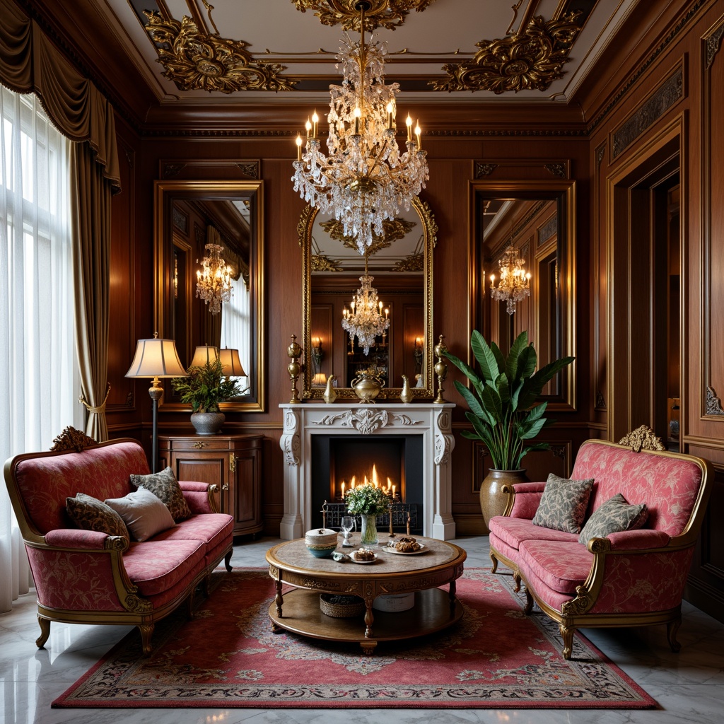 Prompt: Luxurious living room, ornate furnishings, intricately carved wooden panels, gilded accents, velvet upholstery, crystal chandeliers, marble flooring, ornamental mirrors, lavish textiles, rich jewel-toned colors, soft warm lighting, shallow depth of field, 1/1 composition, realistic reflections, ambient occlusion.