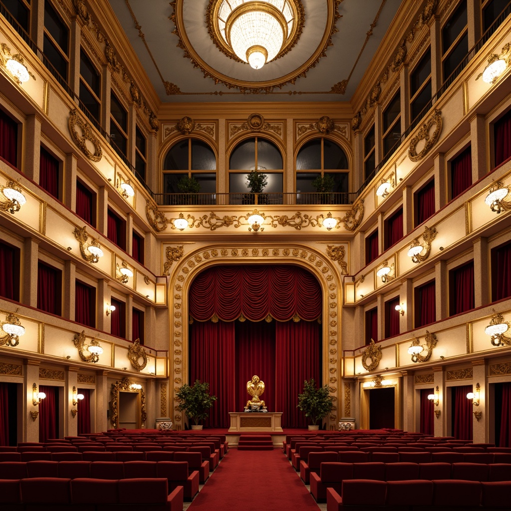 Prompt: Grand opera house, ornate details, rich velvet curtains, gilded moldings, marble columns, intricate frescoes, crystal chandeliers, luxurious red carpets, golden balconies, neoclassical arches, symmetrical composition, dramatic spotlights, warm soft lighting, shallow depth of field, 1/1 composition, realistic textures, ambient occlusion.