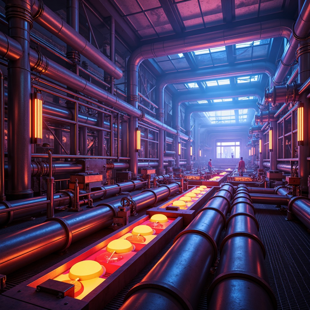 Prompt: Vibrant energy plant, neon-lit pipes, glowing orbs, metallic structures, industrial machinery, futuristic architecture, bold color blocking, high-contrast lighting, electric blue accents, fiery orange hues, radiant yellow highlights, deep purple shadows, abstract geometric patterns, 3D modeling, low-poly textures, atmospheric fog, dramatic camera angles, cinematic composition, dynamic simulations.