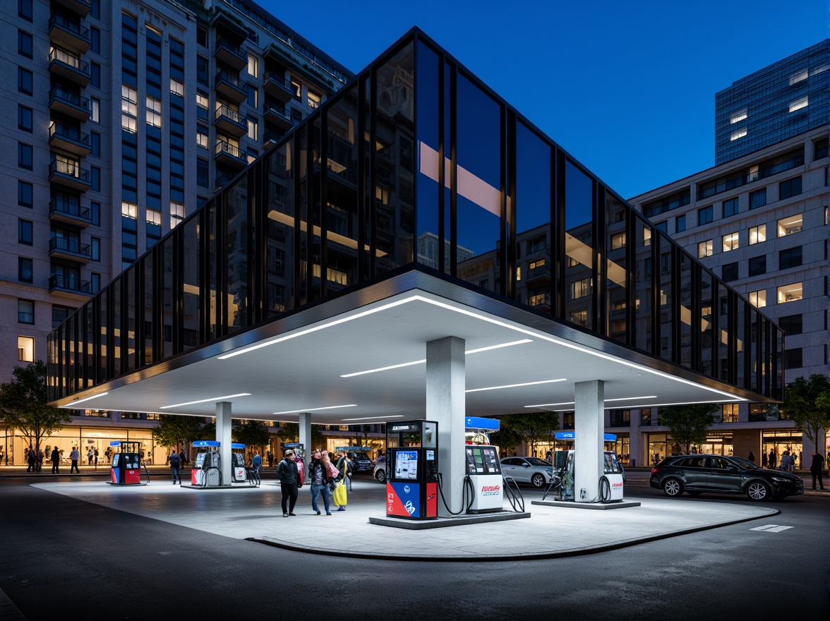 Prompt: Modern gas station, sleek metal fa\u00e7ade, reflective glass surfaces, angular lines, minimalist design, industrial chic aesthetic, concrete floors, steel beams, exposed ductwork, neon signage, LED lighting, futuristic ambiance, urban landscape, cityscape views, busy streets, asphalt roads, fuel pumps, stainless steel canopies, corrugated metal roofs, industrial materials, brutalist architecture, functional design, high-contrast color scheme, dramatic shadows, low-angle photography, cinematic composition.