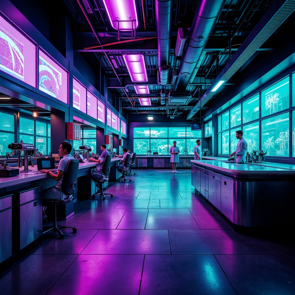 Prompt: Futuristic laboratory, neon-lit corridors, metallic surfaces, holographic displays, sleek machinery, robotic arms, LED lights, dark blues, electric purples, neon greens, chrome accents, glass partitions, minimalist decor, high-gloss finishes, ambient occlusion, softbox lighting, 1/1 composition, cinematic atmosphere.