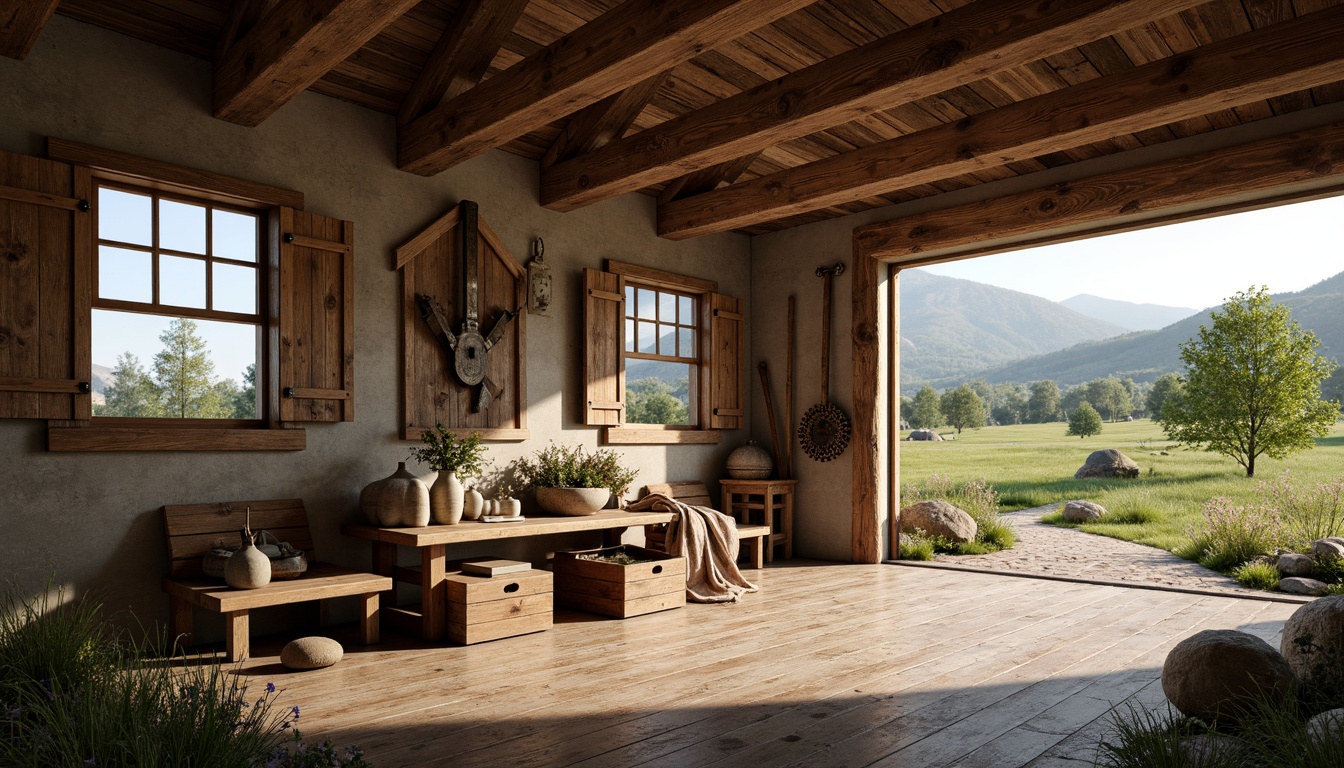 Prompt: Rustic barn, wooden beams, vintage farm tools, natural stone walls, earthy tones, soft warm lighting, large windows, wooden shutters, ornate metal hinges, distressed wood textures, rural landscape, rolling hills, green pastures, wildflowers, sunny day, shallow depth of field, 3/4 composition, panoramic view, realistic textures, ambient occlusion.