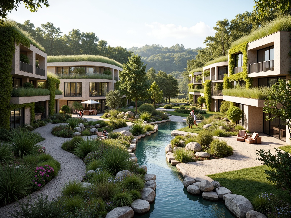 Prompt: Harmonious building integration, lush green roofs, verdant walls, natural stone facades, curved lines, organic architecture, seamless transitions, outdoor living spaces, infinity pools, water features, walking trails, native plant species, blooming flowers, sunny day, soft warm lighting, shallow depth of field, 3/4 composition, panoramic view, realistic textures, ambient occlusion.