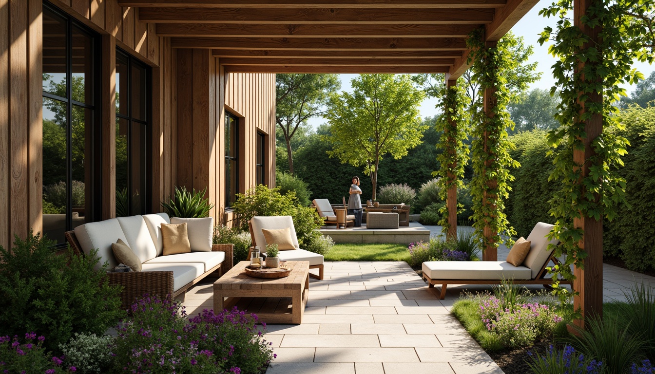 Prompt: Cozy patio, lush greenery, vibrant flowers, comfortable outdoor furniture, soft cushions, warm lighting, natural stone flooring, wooden accents, modern pergola, climbing plants, serene ambiance, shallow depth of field, 1/1 composition, realistic textures, ambient occlusion, sunny day, gentle breeze, refreshing water features, soothing sound effects.