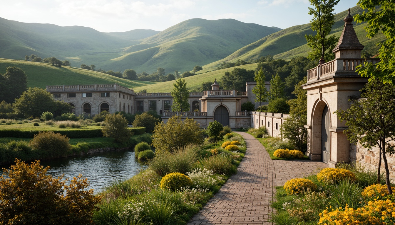 Prompt: Rolling hills, lush green meadows, serene lakeside, ancient stone bridges, rustic wooden fences, weathered brick pathways, Romanesque style buildings, ornate archways, grandiose entrance gates, intricate stone carvings, vibrant blooming flowers, sunny afternoon, soft warm lighting, shallow depth of field, 3/4 composition, panoramic view, realistic textures, ambient occlusion.