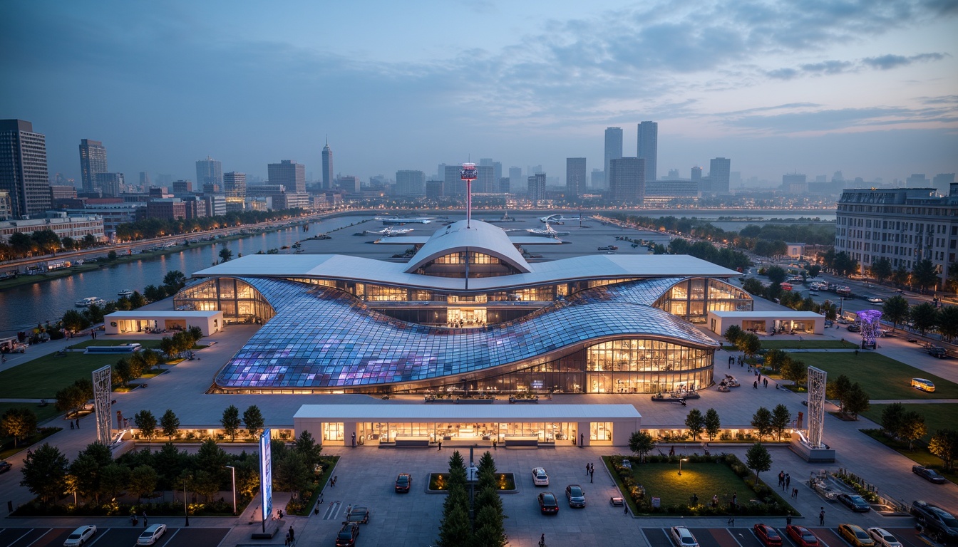 Prompt: Vibrant airport terminal, futuristic architecture, curved lines, dynamic shapes, bold colors, abstract patterns, LED light installations, sleek metal structures, glass facades, modern sculptures, urban landscape, busy streets, city skyline, misty morning atmosphere, soft warm lighting, shallow depth of field, 1/1 composition, panoramic view, realistic textures, ambient occlusion.