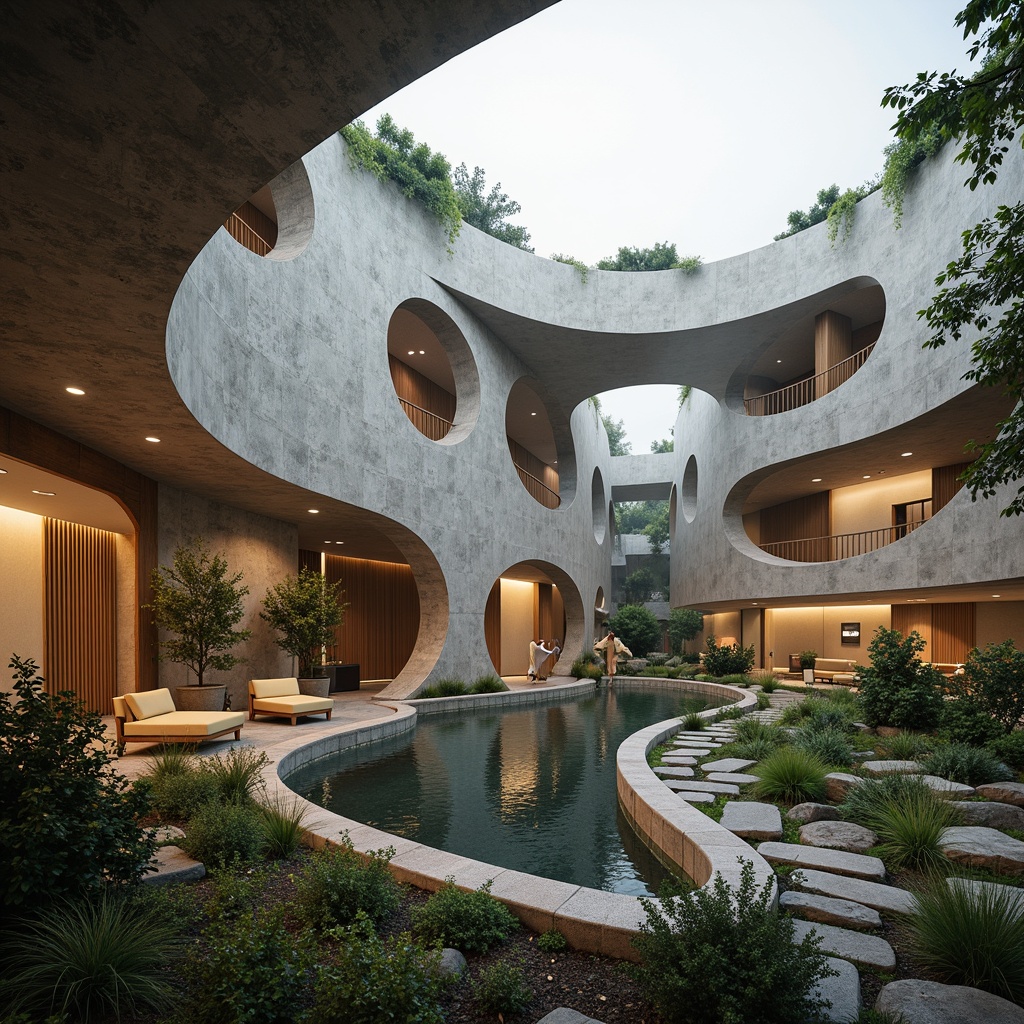 Prompt: Curved memorial center, flowing organic forms, undulating walls, natural stone fa\u00e7ade, lush green roofs, tranquil water features, serene gardens, abstract sculptures, soft warm lighting, misty atmosphere, shallow depth of field, 1/1 composition, panoramic view, realistic textures, ambient occlusion, earthy color palette, moss-covered surfaces, wooden accents, minimalist interior design, comfortable seating areas, peaceful ambiance.