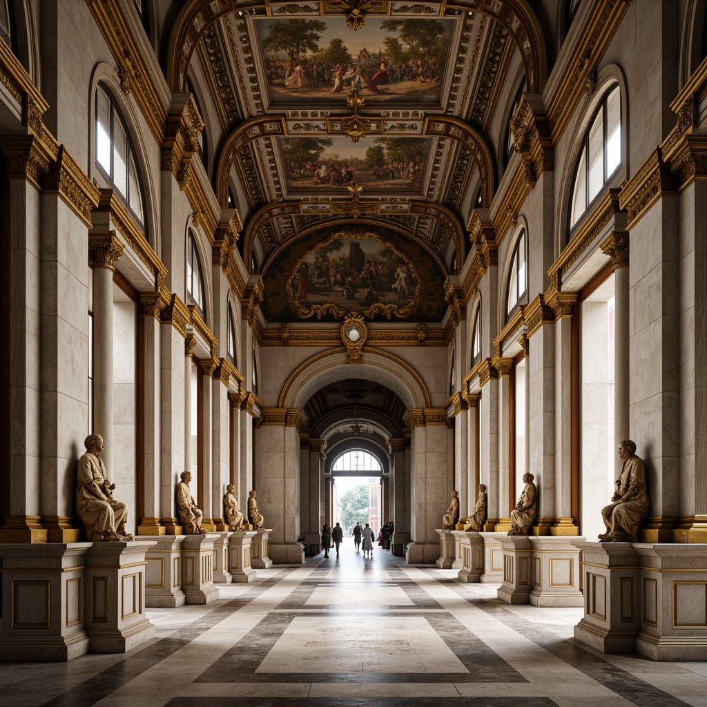 Prompt: Grandiose palaces, ornate facades, classical columns, carved stone decorations, intricate moldings, gilded accents, ornamental balconies, arched windows, rusticated bases, sculpted figurines, frescoed ceilings, marble floors, symmetrical compositions, dramatic lighting, warm color palette, rich textures, subtle shadows, 3/4 perspective, realistic renderings.