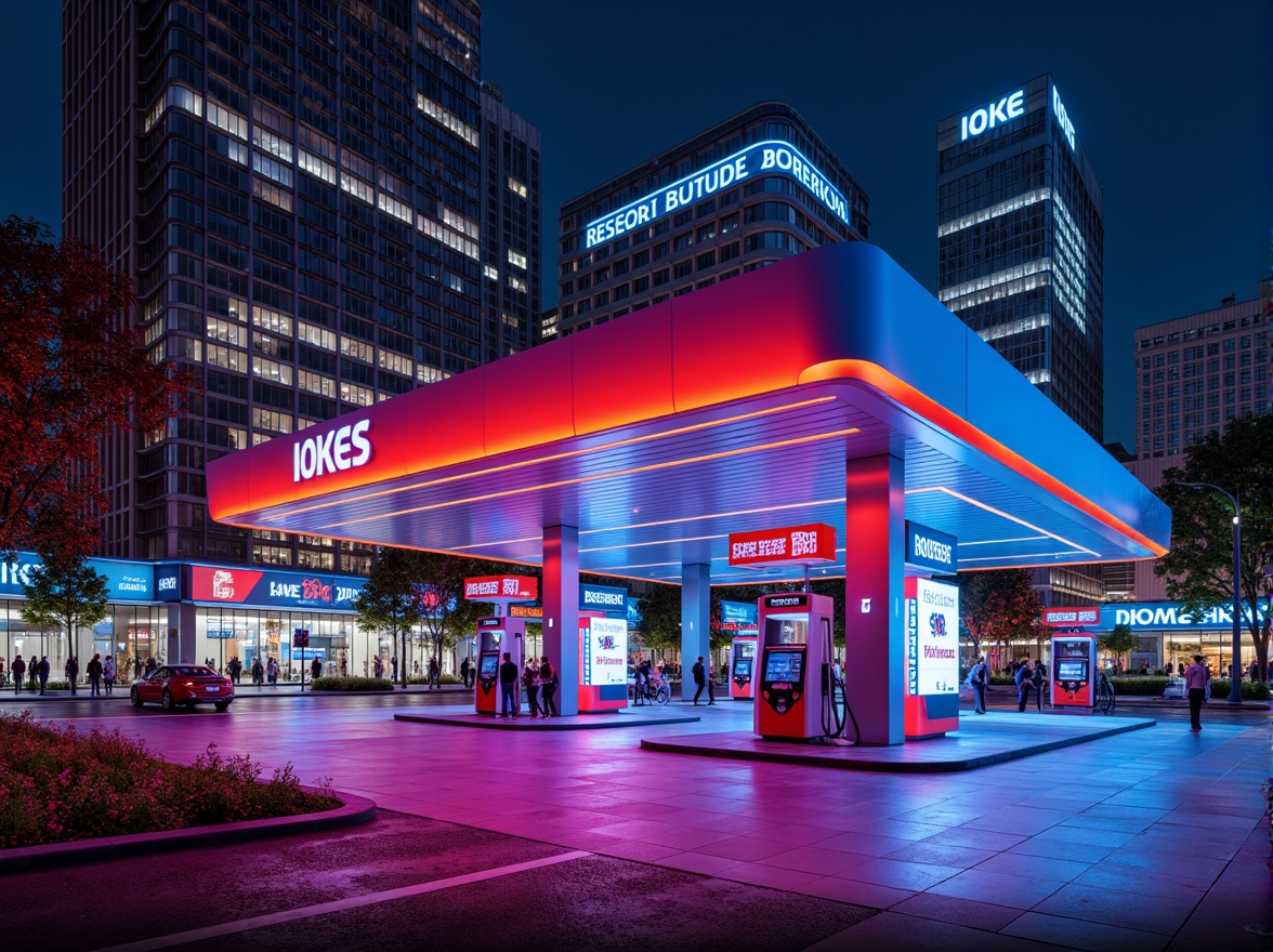 Prompt: Vibrant gas station, bold color scheme, neon lights, futuristic architecture, sleek metal canopies, angular lines, modern fuel pumps, LED signage, dynamic branding, high-contrast colors, energetic atmosphere, urban cityscape, busy streets, fast-paced environment, shallow depth of field, 1/1 composition, realistic textures, ambient occlusion.