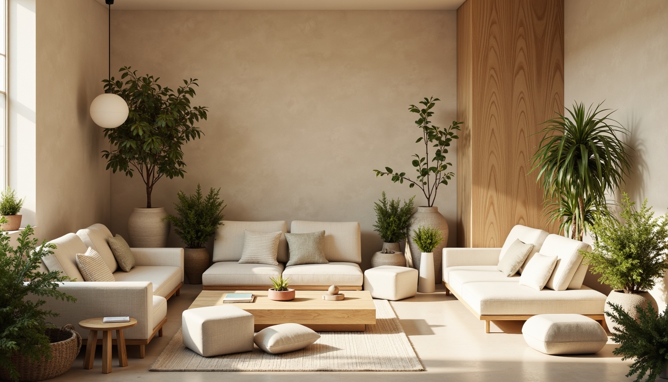 Prompt: Muted earthy tones, soft pastel hues, calming beige walls, natural wood accents, plush greenery, creamy whites, warm golden lighting, cozy reading nooks, comfortable seating areas, minimalist decor, subtle texture contrasts, organic shapes, serene atmosphere, shallow depth of field, 1/1 composition, realistic renderings, ambient occlusion.