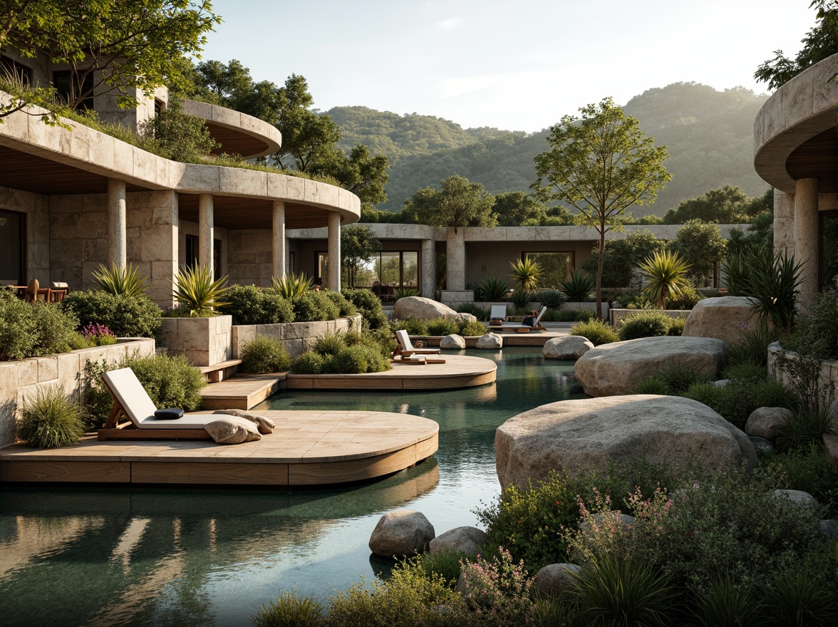 Prompt: Seamless landscape integration, organic architecture, curved lines, natural stone walls, green roofs, lush vegetation, native plants, meandering pathways, serene water features, reflecting pools, wooden decks, cantilevered structures, minimalist design, earthy tones, warm lighting, soft focus, shallow depth of field, 2/3 composition, atmospheric perspective, realistic textures, ambient occlusion.