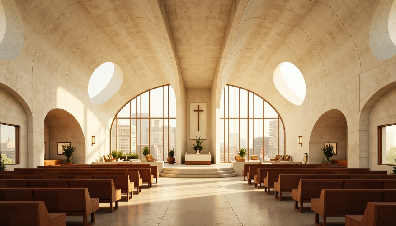 Prompt: Sleek modern church, curved lines, minimalist architecture, cream-colored stone walls, large stained glass windows, subtle natural light, warm beige interior, polished wooden pews, simple altar design, soft golden lighting, shallow depth of field, 1/1 composition, realistic textures, ambient occlusion, calming atmosphere, serene ambiance, gentle color palette, soothing earth tones, muted pastel hues.