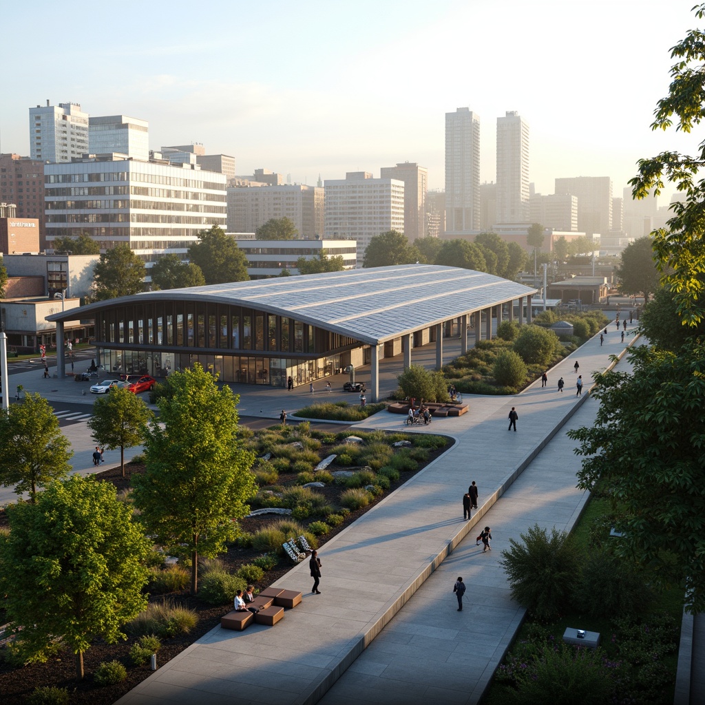 Prompt: Grand train station, modern architecture, sleek metal roofs, large glass windows, vibrant greenery, lush gardens, walking paths, benches, public art installations, urban landscape, cityscape, busy streets, pedestrian zones, bike lanes, streetlights, misty morning atmosphere, soft warm lighting, shallow depth of field, 3/4 composition, panoramic view, realistic textures, ambient occlusion.