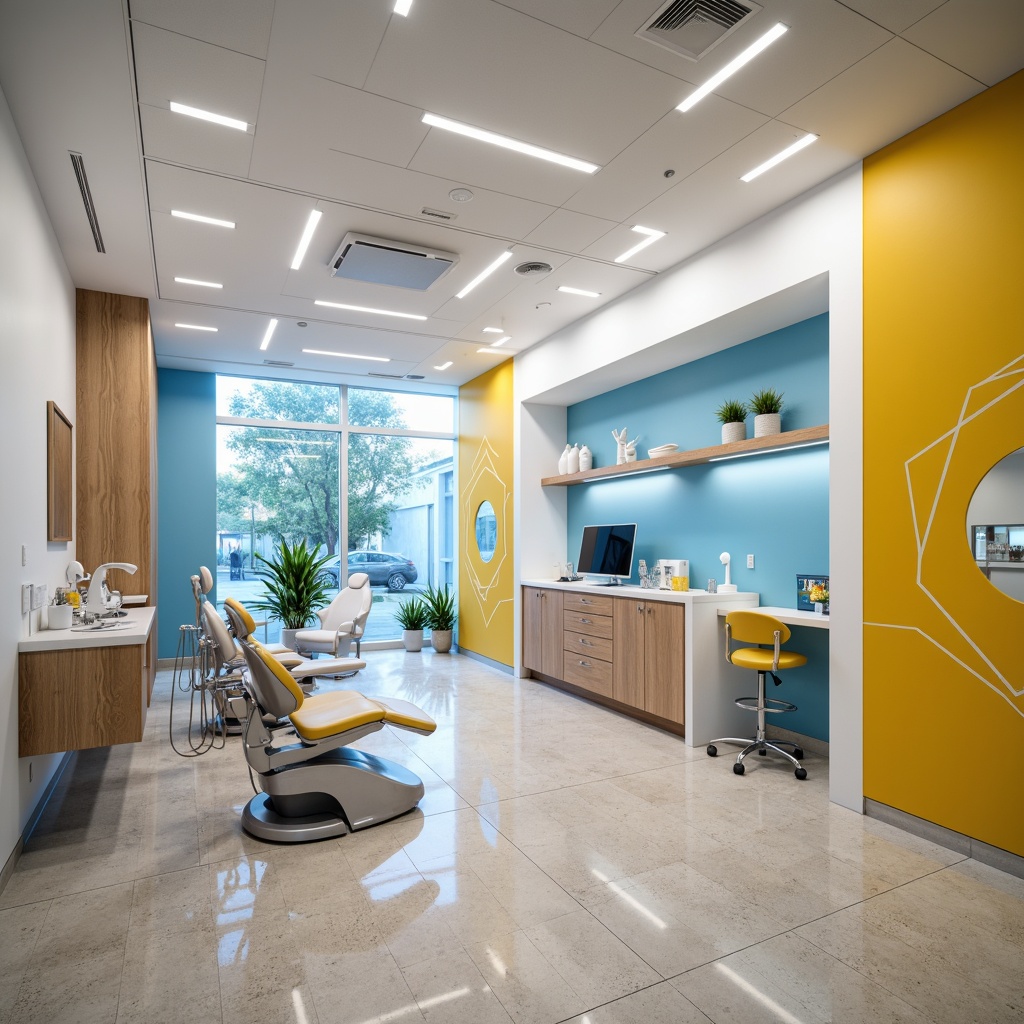 Prompt: Modern dental clinic interior, Bauhaus-inspired color palette, calming whites, creamy grays, bold blues, vibrant yellows, sleek metal accents, minimalist furniture, geometric patterns, clean lines, functional lighting, natural stone floors, wooden cabinetry, ergonomic chairs, futuristic equipment, sterile atmosphere, soft ambient lighting, shallow depth of field, 1/1 composition, realistic textures, ambient occlusion.