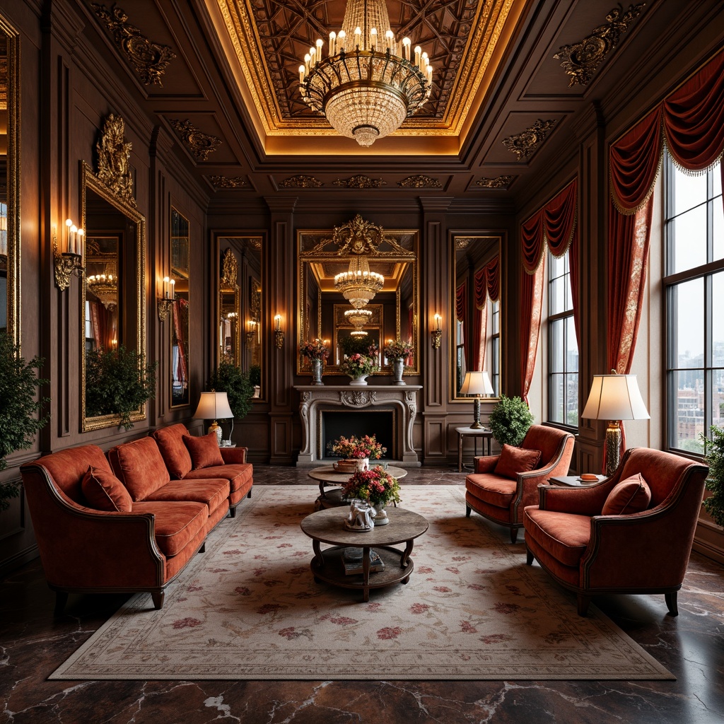 Prompt: Luxurious living room, ornate furnishings, intricately carved wooden panels, gilded accents, velvet upholstery, crystal chandeliers, marble flooring, ornamental mirrors, lavish textiles, rich jewel-toned colors, soft warm lighting, shallow depth of field, 1/1 composition, realistic reflections, ambient occlusion.