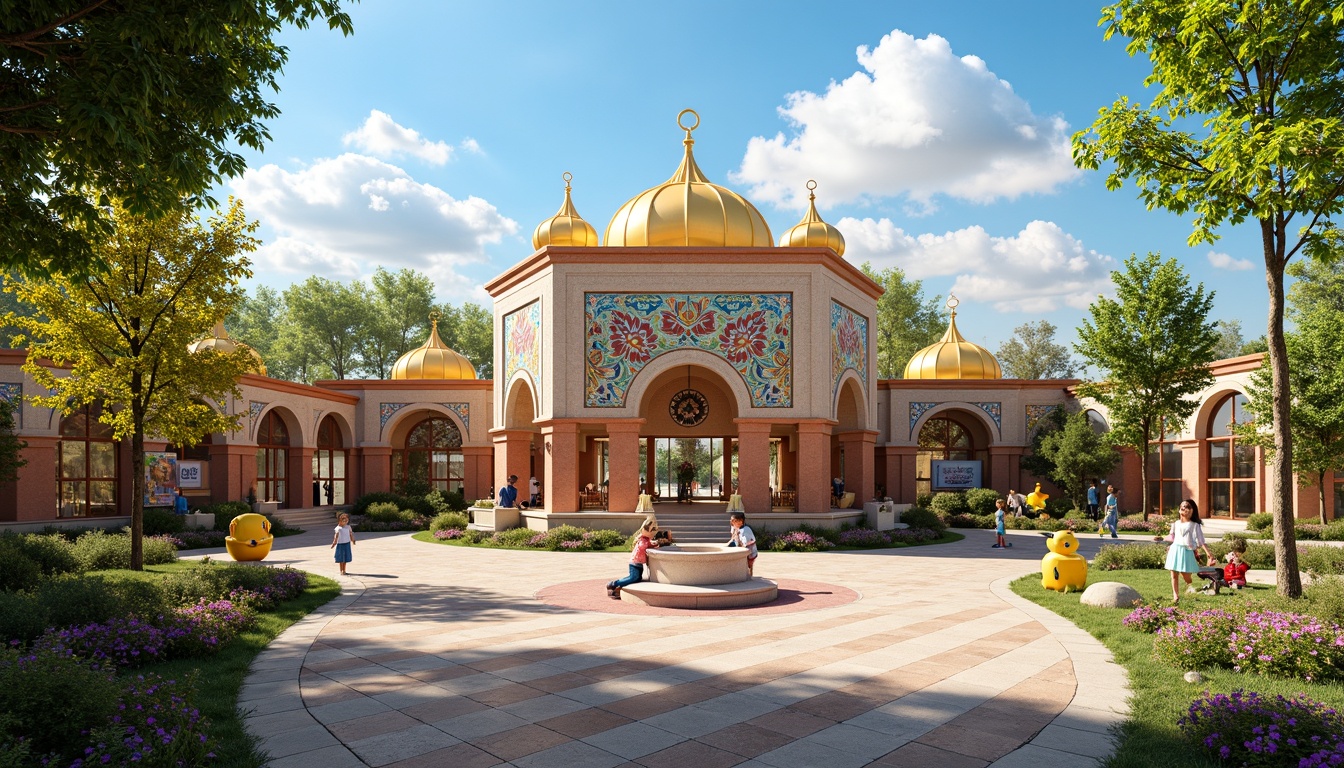 Prompt: Vibrant kindergarten playground, Byzantine-inspired ornate details, golden domes, intricate mosaics, colorful ceramic tiles, ornate columns, curved archways, grand entrance gates, playful murals, whimsical sculptures, lush greenery, blooming flowers, sunny day, soft warm lighting, shallow depth of field, 3/4 composition, panoramic view, realistic textures, ambient occlusion.