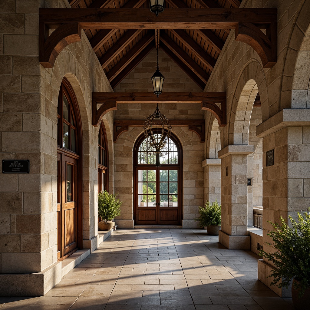 Prompt: Rustic stone walls, weathered brick facades, ornate carvings, grand archways, ribbed vaults, stained glass windows, heavy wooden doors, intricate ironwork, ornamental capitals, rough-hewn granite columns, earthy tone color palette, natural light filtering, warm ambient lighting, shallow depth of field, 2/3 composition, symmetrical framing, realistic textures, subtle atmospheric effects.