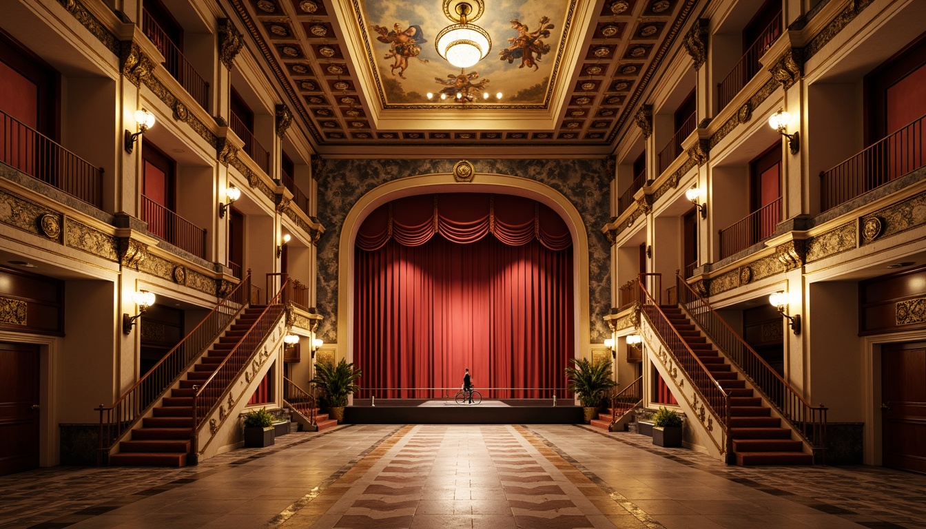 Prompt: Grandiose theater facade, neoclassical architecture, ornate columns, intricate carvings, symmetrical composition, grand entrance, sweeping staircases, opulent chandeliers, rich velvet drapes, gilded details, marble floors, frescoed ceilings, dramatic spotlights, warm golden lighting, shallow depth of field, 1/1 composition, realistic textures, ambient occlusion.