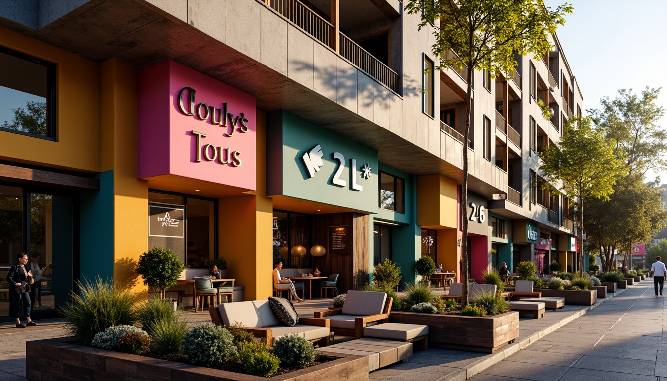 Prompt: Vibrant coffee shop facade, eclectic postmodern architecture, bold color blocking, irregular shapes, playful typography, neon signage, metal accents, reclaimed wood textures, industrial chic aesthetic, urban cityscape, bustling streets, morning sunlight, warm golden lighting, shallow depth of field, 1/1 composition, realistic materials, ambient occlusion.