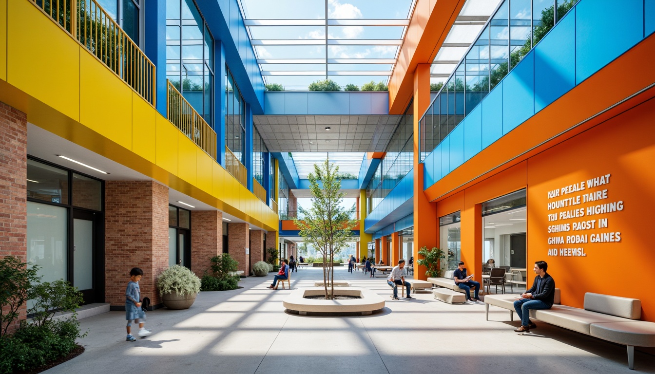 Prompt: Vibrant high school building, fusion architecture style, bold color scheme, bright blue accents, warm yellow tones, deep orange hues, neutral beige background, modern metallic materials, sleek glass surfaces, angular lines, minimalist design, educational signage, inspirational quotes, collaborative learning spaces, flexible seating areas, natural light infusion, soft warm lighting, shallow depth of field, 3/4 composition, panoramic view, realistic textures, ambient occlusion.