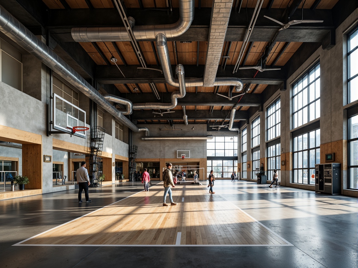 Prompt: Industrial-style gymnasium, exposed ductwork, metal beams, polished concrete floors, reclaimed wood accents, industrial lighting fixtures, steel columns, minimalist decor, functional layout, athletic equipment, basketball hoops, volleyball nets, exercise machines, free weights, mirrored walls, natural ventilation, abundant daylight, high ceilings, urban atmosphere, gritty textures, realistic reflections, shallow depth of field, 1/1 composition, dramatic shadows.