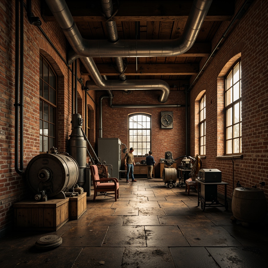 Prompt: Rustic industrial landscape, abandoned factories, distressed brick walls, metal pipes, worn concrete floors, vintage machinery, exposed ductwork, dimly lit atmosphere, warm golden lighting, shallow depth of field, 1/1 composition, realistic textures, ambient occlusion, muted color palette, earthy tones, weathered wood accents, metallic sheen, industrial-grade materials, functional design elements, utilitarian aesthetic, urban decay, post-apocalyptic ambiance.