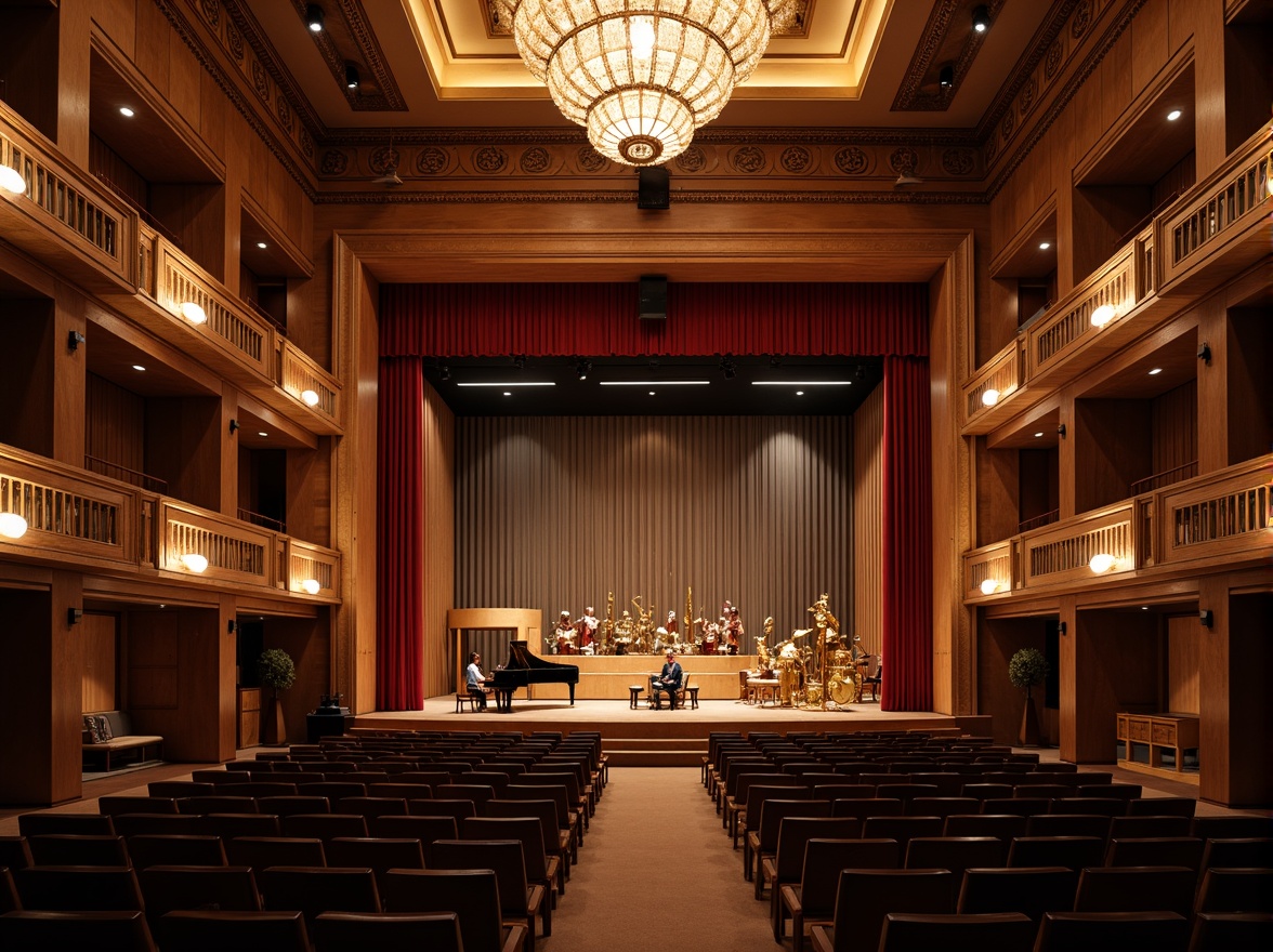 Prompt: Intimate concert hall, rich wood tones, ornate balconies, velvet curtains, grand pianos, polished brass instruments, warm stage lighting, soft shadows, elegant chandeliers, refined acoustic panels, sound-absorbing materials, precise speaker placement, optimal seating arrangements, classic architectural details, sophisticated interior design, warm beige colors, subtle texture variations, shallow depth of field, 2/3 composition, realistic reflections, ambient occlusion.