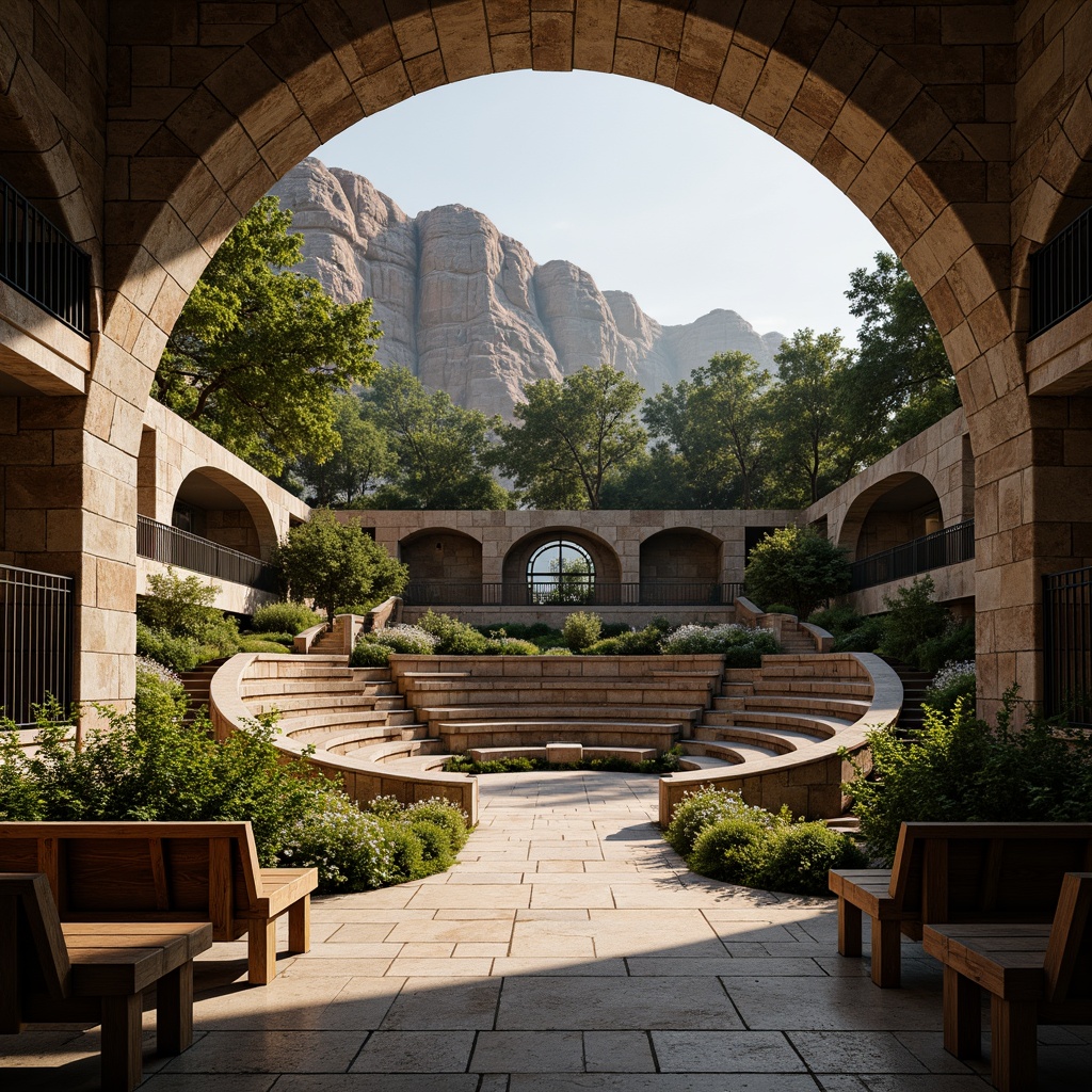 Prompt: Grand amphitheater, tiered seating, rustic stone walls, weathered wooden benches, vibrant greenery, lush foliage, natural rock formations, dramatic arches, grandiose entrance, ornate metal railings, warm golden lighting, soft shadows, high contrast textures, rough stone floors, smooth wooden surfaces, dynamic angular lines, symmetrical composition, 1/2 frame division, atmospheric perspective, realistic material rendering.