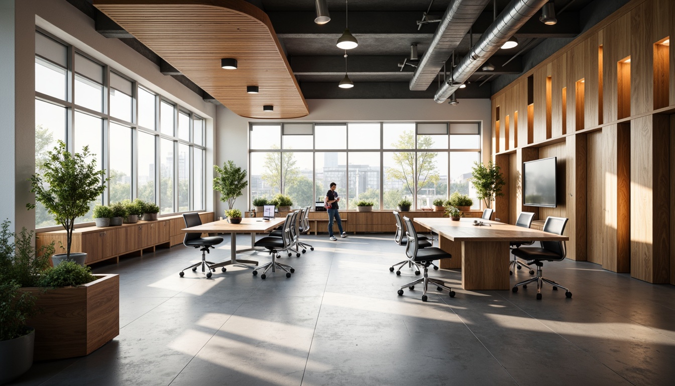 Prompt: Functional office space, modern minimalist decor, sleek metal furniture, ergonomic chairs, spacious workstations, collaborative meeting areas, acoustic panels, natural wood accents, floor-to-ceiling windows, abundant natural light, soft warm lighting, 1/1 composition, shallow depth of field, realistic textures, ambient occlusion.