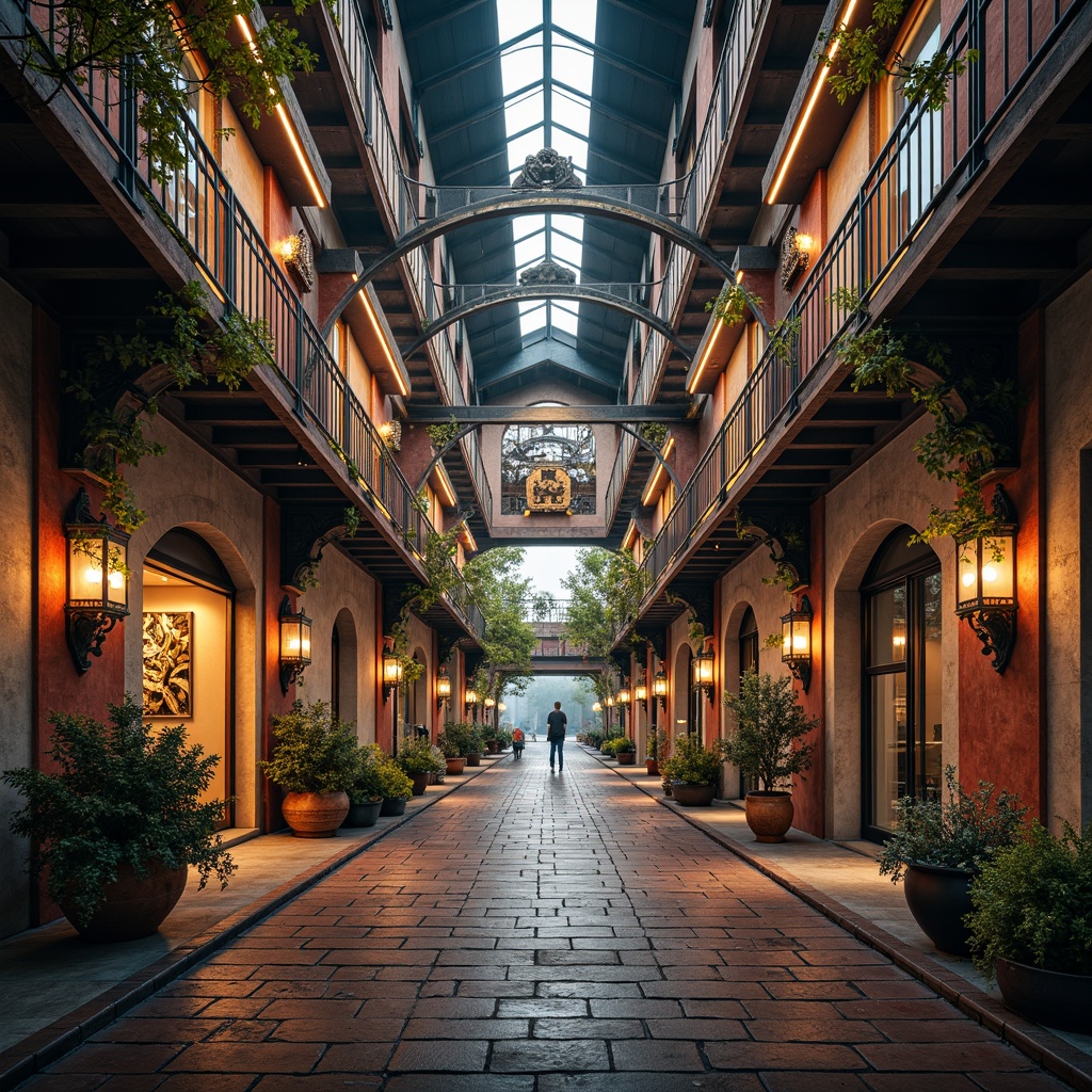 Prompt: Eclectic bridge, ornate metal railings, intricate stone carvings, vibrant colorful accents, asymmetrical arches, irregular shapes, mixed materials, industrial steel beams, rustic wooden planks, decorative trusses, grand entrance gates, majestic piers, flowing water reflections, misty atmospheric effects, warm golden lighting, shallow depth of field, 1/2 composition, dramatic low-angle shot, realistic textures, ambient occlusion.