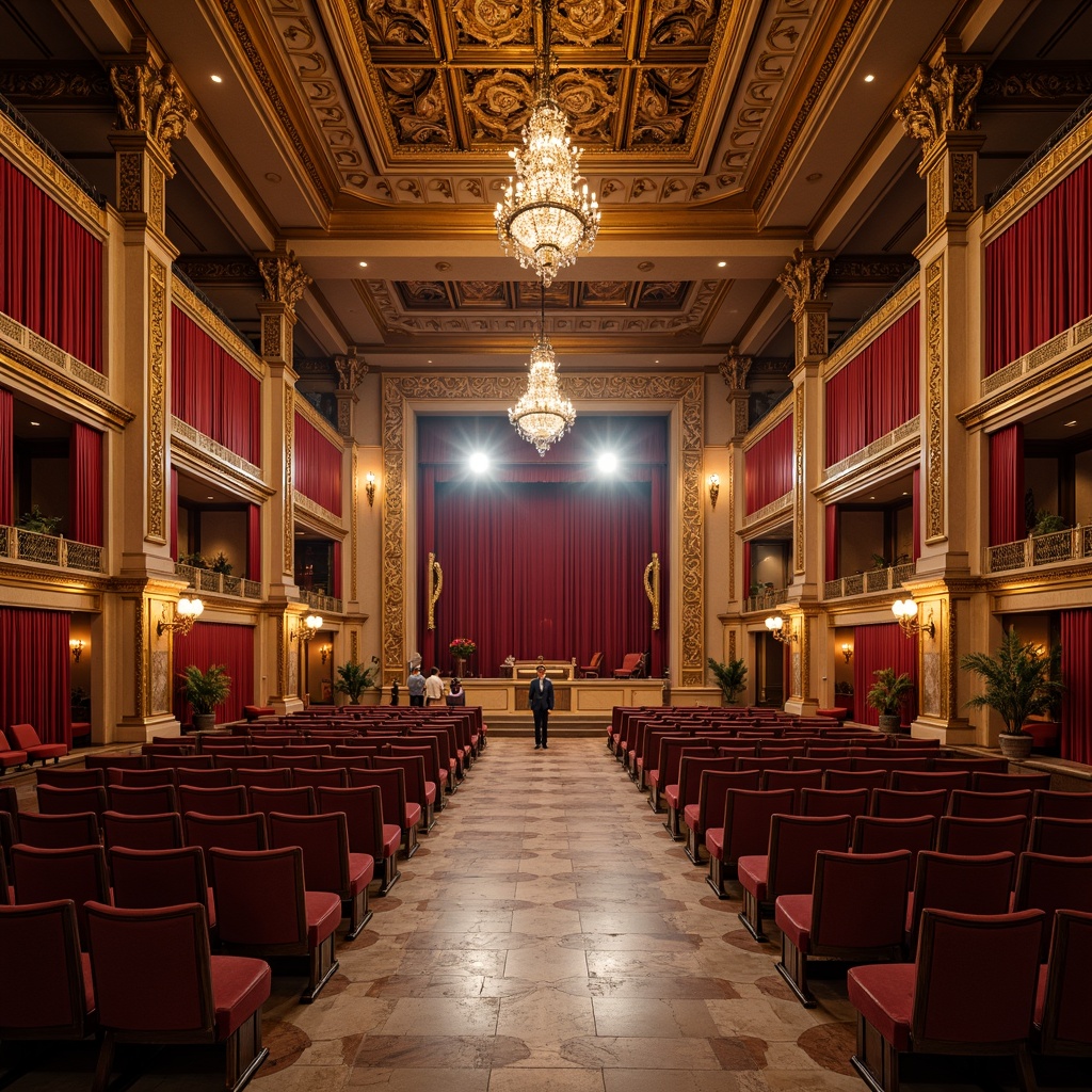 Prompt: Grand concert hall, ornate details, rich velvet curtains, polished marble floors, intricate moldings, gilded accents, crystal chandeliers, luxurious red carpets, ornamental plasterwork, neoclassical columns, symmetrical architecture, high ceilings, dramatic spotlights, warm golden lighting, shallow depth of field, 1/1 composition, realistic textures, ambient occlusion.