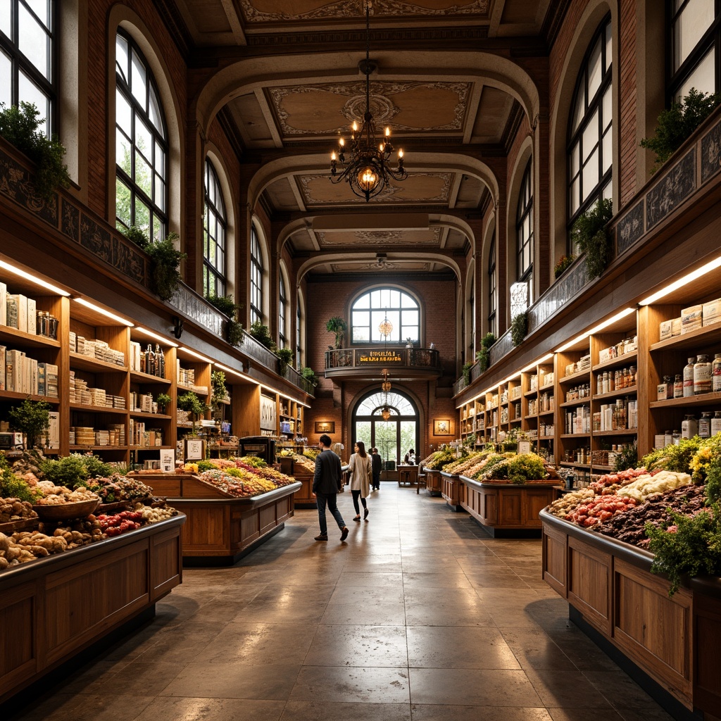 Prompt: Renaissance-style grocery store, ornate facades, arched windows, decorative cornices, grand entranceways, high ceilings, intricate moldings, polished marble floors, ornate chandeliers, wooden shelves, vintage-inspired signage, rustic brick walls, distressed wood accents, warm golden lighting, soft focus, shallow depth of field, 1/2 composition, realistic textures, ambient occlusion.