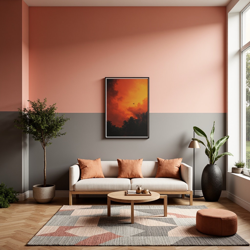 Prompt: Vibrant modern interior, bold color blocking, pastel hues, soft peach tones, rich charcoal accents, metallic silver highlights, natural wood textures, sleek minimalist furniture, geometric patterned rugs, abstract artwork, warm ambient lighting, shallow depth of field, 1/1 composition, realistic renderings, subtle gradient effects.