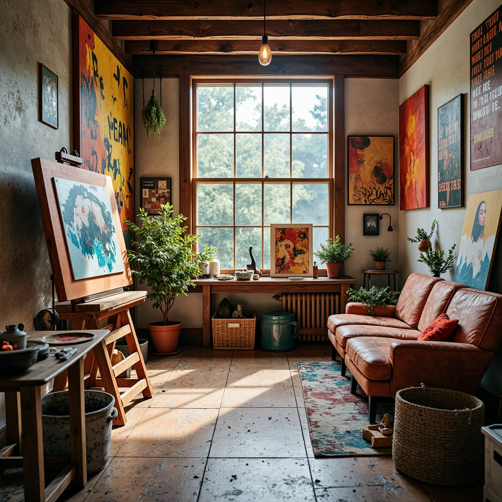 Prompt: Vibrant art studio, eclectic furniture, bold brushstrokes, abstract canvases, artistic easels, paint-splattered aprons, colorful palettes, mixing mediums, textured papers, natural light pouring in, wooden floorboards, inspirational quotes, creative freedom, warm cozy atmosphere, soft overhead lighting, 3/4 composition, shallow depth of field, realistic textures.