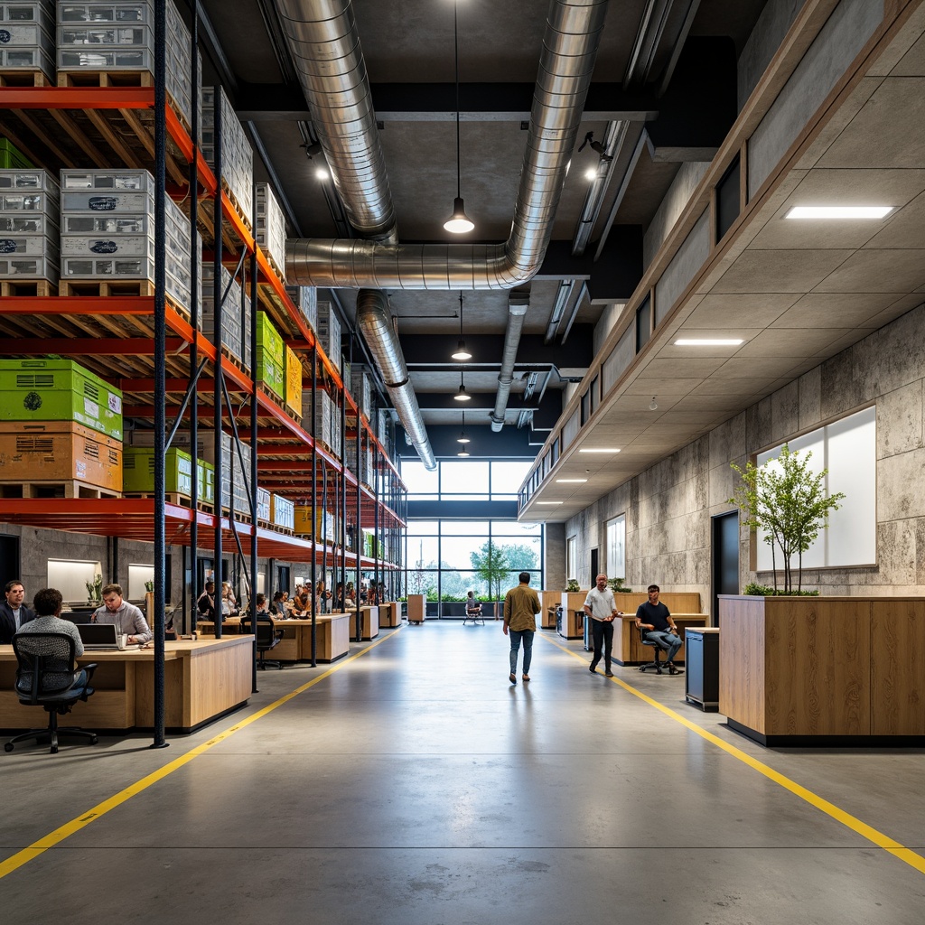 Prompt: Modern distribution center interior, industrial chic aesthetic, exposed ductwork, polished concrete floors, sleek metal shelving, vibrant color-coded storage bins, ergonomic workstations, minimalist desks, adjustable task lighting, open-concept collaboration areas, acoustic paneling, natural stone accents, reclaimed wood features, energy-efficient LED lighting, 3/4 composition, shallow depth of field, realistic textures, ambient occlusion.