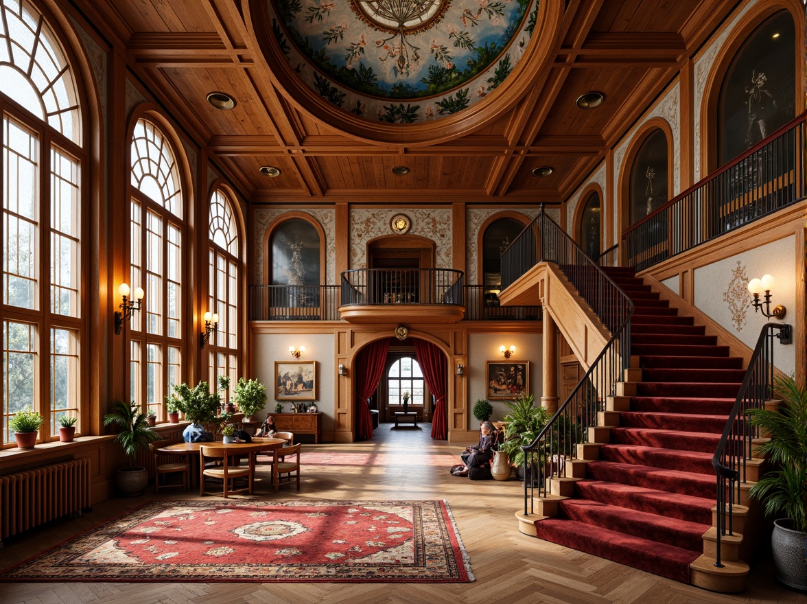 Prompt: Elegant Art Nouveau school interior, ornate wooden paneling, sinuous lines, flowing curves, stained glass windows, vibrant colorful tiles, intricate metalwork, grand staircases, sweeping archways, luxurious velvet fabrics, richly patterned rugs, warm golden lighting, soft focus, shallow depth of field, 1/1 composition, realistic textures, ambient occlusion.