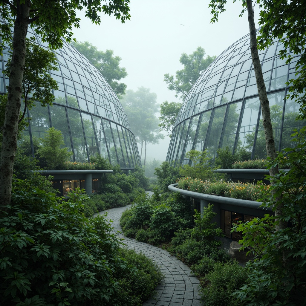 Prompt: Futuristic greenhouse, lush tropical plants, misty atmosphere, experimental architecture, sustainable materials, recycled glass walls, living roofs, green fa\u00e7ades, solar panels, wind turbines, rainwater harvesting systems, natural ventilation, organic farming, hydroponic systems, LED grow lights, climate control systems, futuristic interior design, minimalist aesthetic, sleek metal frames, transparent polycarbonate roofing, ambient lighting, shallow depth of field, 3/4 composition, panoramic view, realistic textures, ambient occlusion.