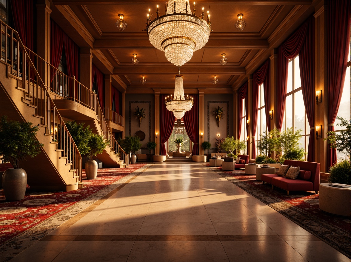 Prompt: Luxurious event space, opulent chandeliers, rich velvet drapes, polished marble floors, ornate metalwork, lavish furnishings, plush carpets, grand staircases, sparkling crystal decorations, warm golden lighting, intimate ambiance, 3/4 composition, shallow depth of field, realistic textures, ambient occlusion.