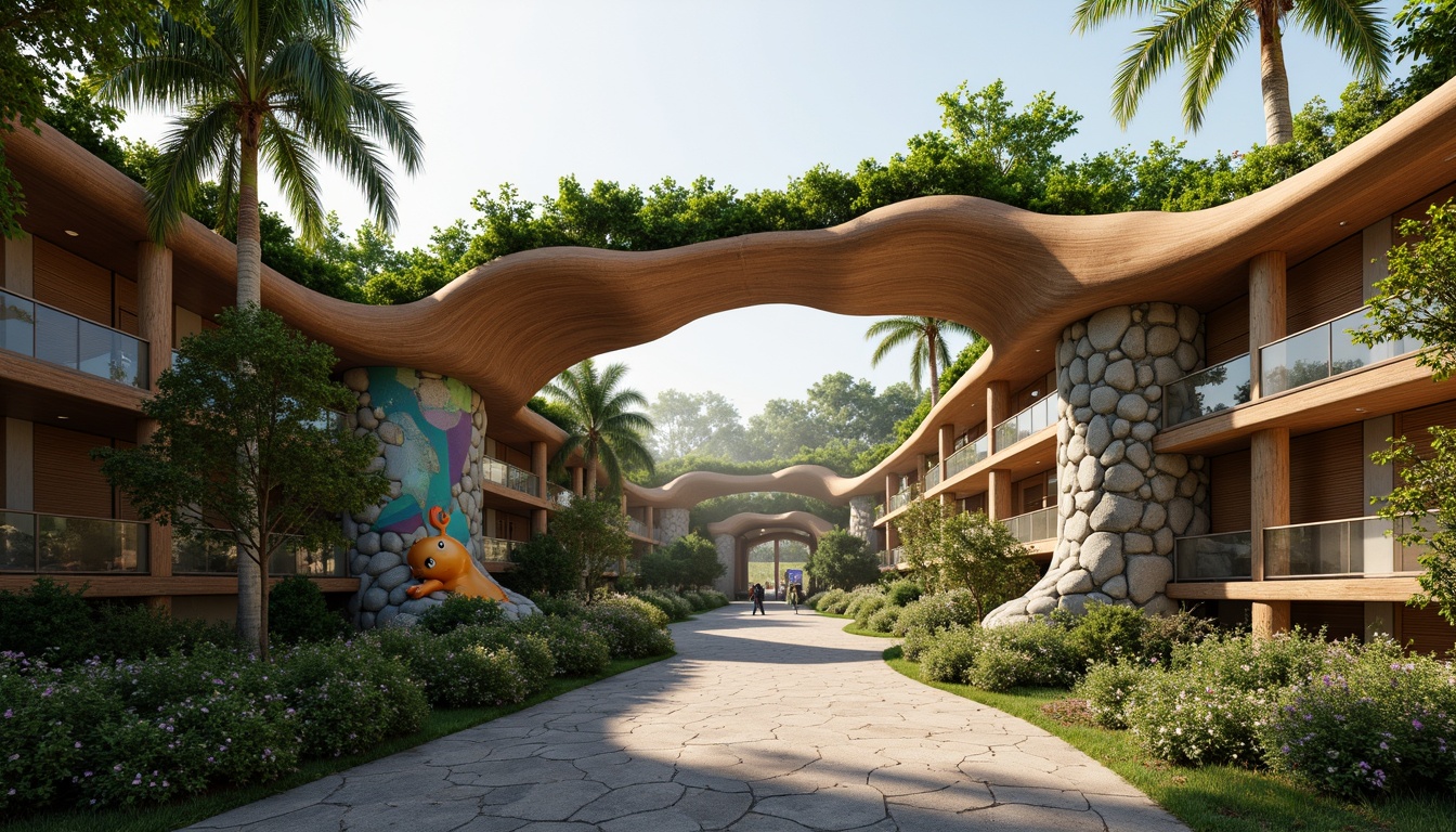 Prompt: Whimsical zoo entrance, undulating organic forms, vibrant green roofs, wavy wooden structures, playful animal sculptures, natural stone walls, curved glass facades, biomimetic architecture, futuristic blob-like buildings, iridescent colors, shimmering textures, soft warm lighting, shallow depth of field, 1/1 composition, panoramic view, realistic renderings, ambient occlusion, lush vegetation, tropical plants, misty atmosphere, morning sunlight.