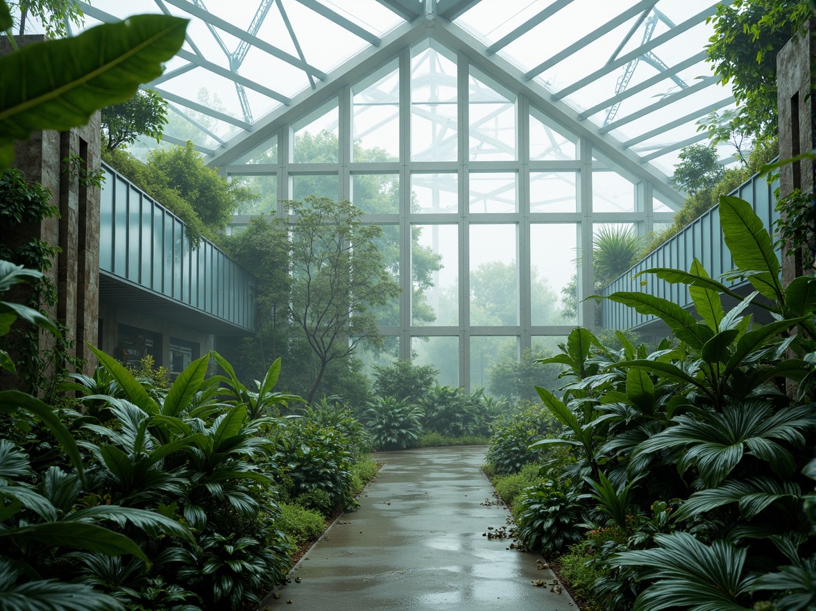 Prompt: Futuristic greenhouse, lush tropical plants, misty atmosphere, experimental architecture, sustainable materials, recycled glass walls, living roofs, green fa\u00e7ades, solar panels, wind turbines, rainwater harvesting systems, natural ventilation, organic farming, hydroponic systems, LED grow lights, climate control systems, futuristic interior design, minimalist aesthetic, sleek metal frames, transparent polycarbonate roofing, ambient lighting, shallow depth of field, 3/4 composition, panoramic view, realistic textures, ambient occlusion.