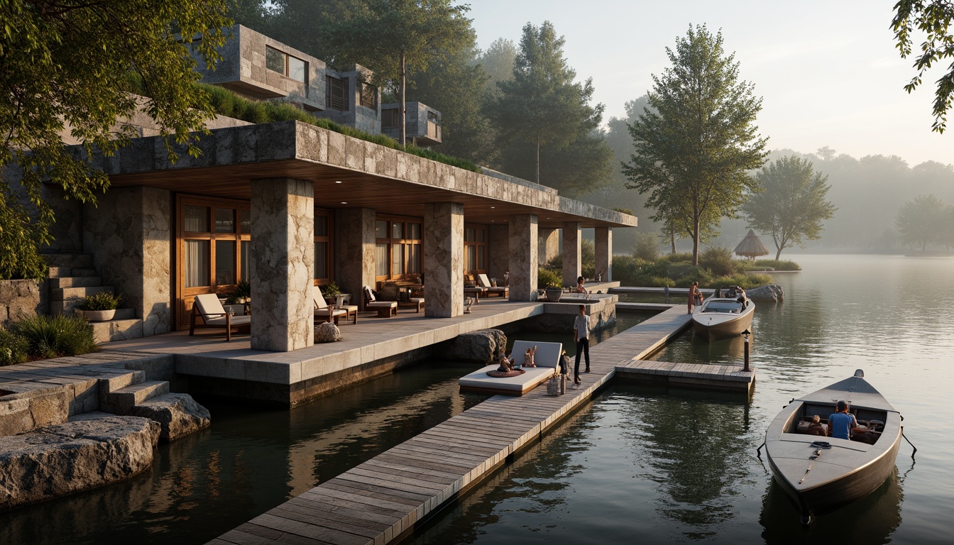 Prompt: Rustic boathouse, brutalist architecture, rugged stone walls, wooden accents, natural materials, earthy tones, waterfront location, serene lake views, surrounding foliage, overhanging trees, weathered wood docks, nautical elements, industrial chic decor, exposed ductwork, concrete floors, metal beams, floor-to-ceiling windows, soft warm lighting, misty morning atmosphere, shallow depth of field, 2/3 composition, realistic textures, ambient occlusion.