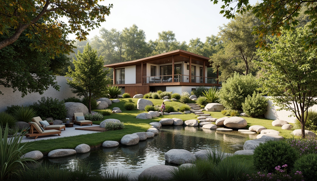 Prompt: Seamless landscape integration, blending architecture with nature, lush greenery, native plants, meandering water features, natural stone walls, wooden decks, organic shapes, earthy tones, sustainable design, eco-friendly materials, minimal visual impact, panoramic views, soft warm lighting, shallow depth of field, 3/4 composition, realistic textures, ambient occlusion.