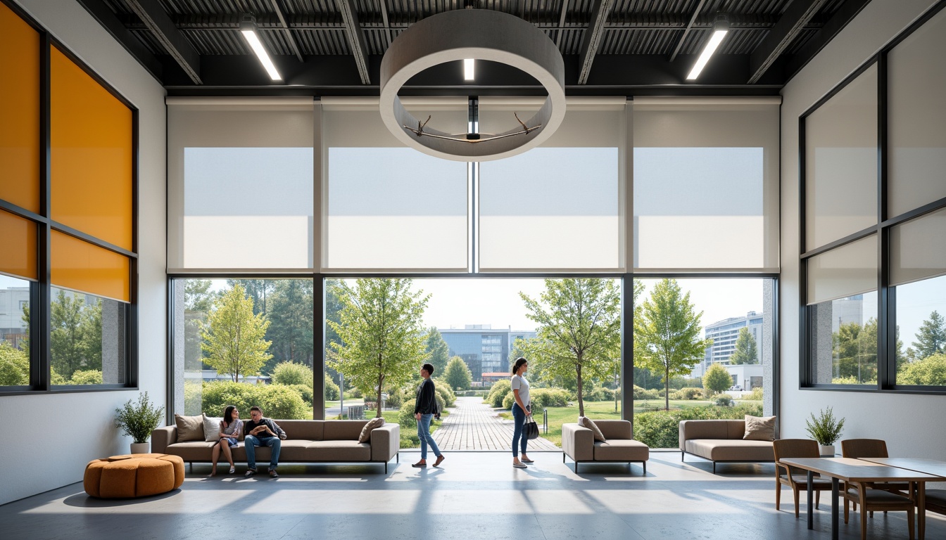 Prompt: Minimalist school building, large windows, metal frames, industrial-style lighting, functional window treatments, roller shades, geometric patterns, bold color accents, rectangular shapes, clean lines, modernist architecture, open floor plans, collaborative learning spaces, natural light, airy atmosphere, 1/1 composition, high-contrast lighting, realistic textures, ambient occlusion.