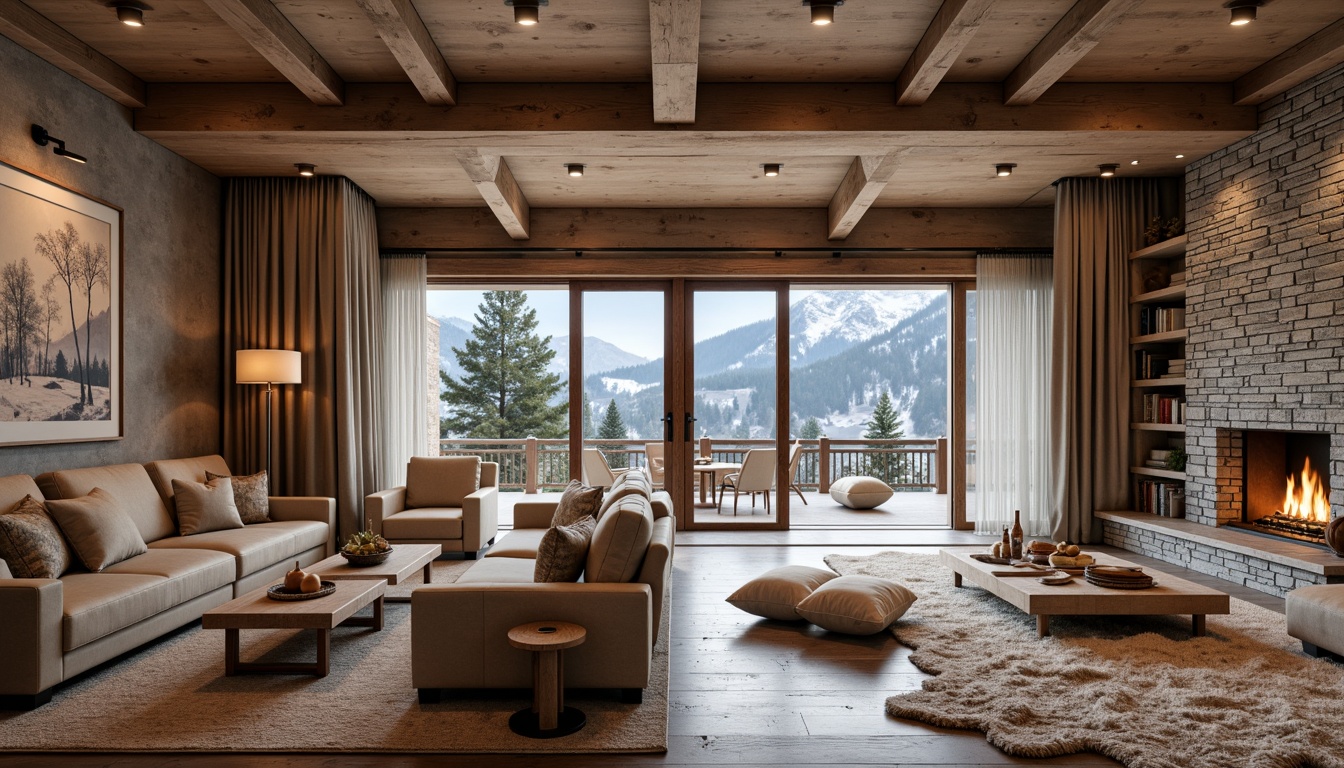 Prompt: Luxurious ski lodge, modern wooden accents, sleek metal fixtures, warm ambient lighting, plush area rugs, comfortable sofas, rustic stone fireplaces, reclaimed wood walls, polished chrome hardware, minimalist decor, snowy mountain views, large windows, sliding glass doors, cozy reading nooks, rich leather upholstery, natural textiles, earthy color palette, warm beige tones, soft cream accents, 1/1 composition, shallow depth of field, realistic reflections, ambient occlusion.