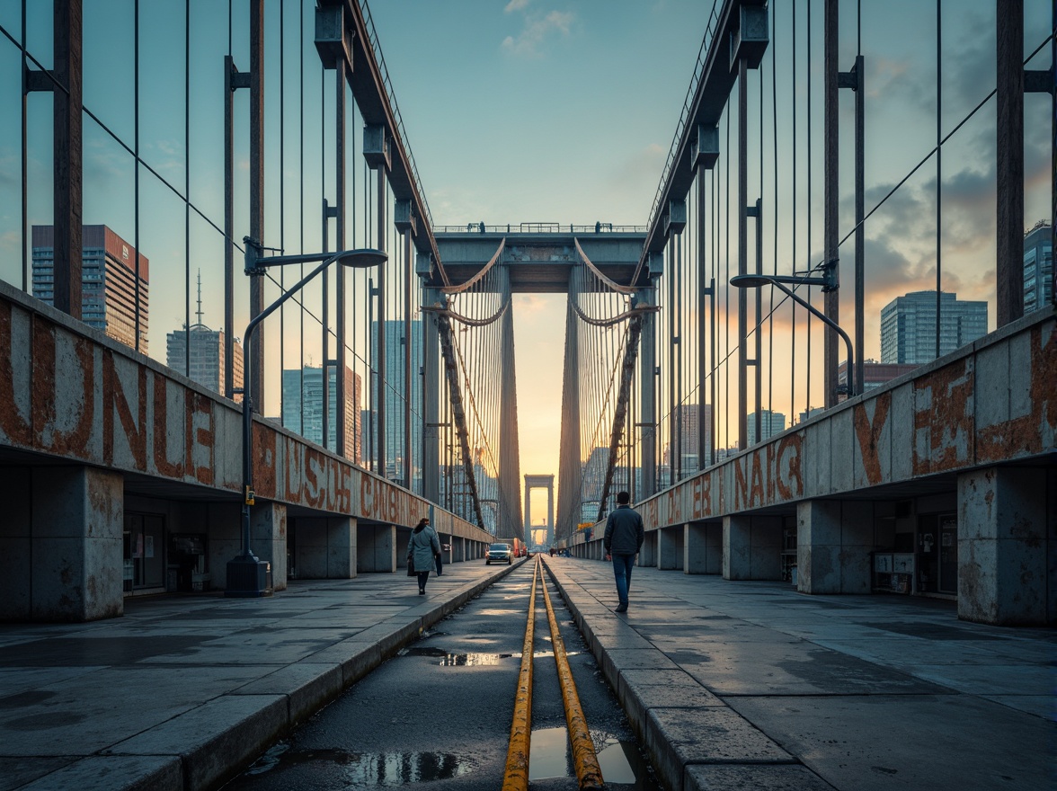 Prompt: Vibrant urban landscape, majestic bridge structure, steel beams, suspension cables, modern architecture, industrial materials, misty morning atmosphere, soft warm lighting, subtle color gradations, blue-grey tones, rusty orange accents, weathered concrete textures, atmospheric perspective, 1/2 composition, cinematic mood, realistic reflections.