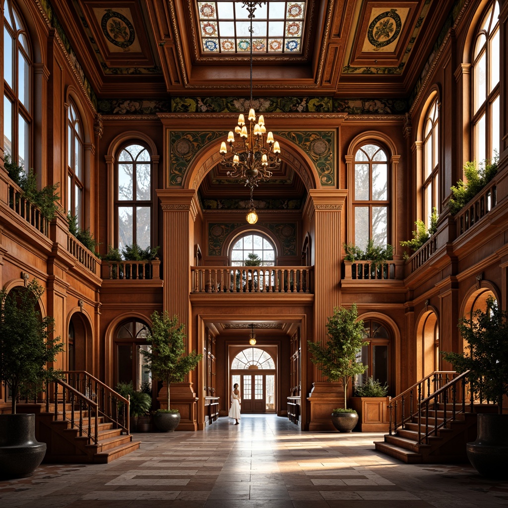 Prompt: Grand high school interior, Renaissance-style architecture, ornate wooden paneling, richly colored tapestries, grand chandeliers, sweeping staircases, marble floors, intricate moldings, decorative columns, arched windows, stained glass ceilings, warm golden lighting, soft focus, shallow depth of field, 1/2 composition, realistic textures, ambient occlusion.