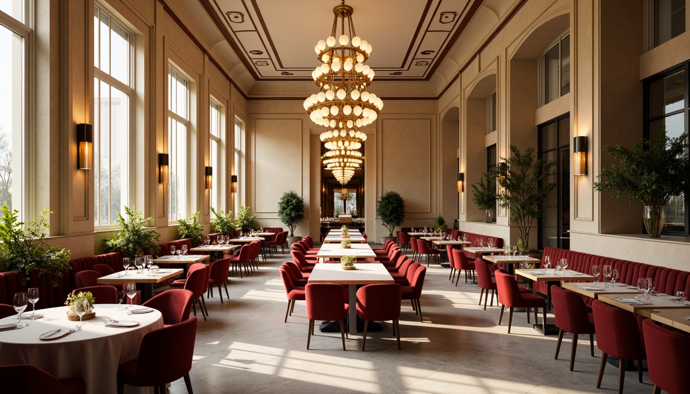 Prompt: Elegant dining hall, luxurious chandeliers, rich wood tones, warm beige walls, soft cream accents, velvety red upholstery, golden metallic fixtures, sophisticated gray marble floors, lavish greenery, natural light pouring in, airy atmosphere, shallow depth of field, 1/1 composition, realistic textures, ambient occlusion.