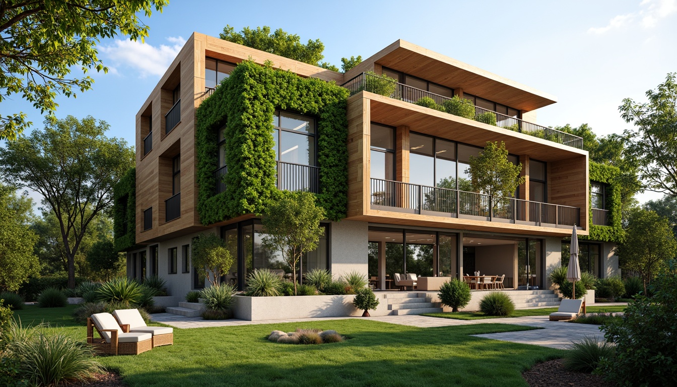 Prompt: Eco-friendly building, reclaimed wood accents, living green walls, solar panels, wind turbines, rainwater harvesting systems, low-carbon concrete, recycled metal structures, bamboo flooring, natural fiber textiles, energy-efficient glazing, double-glazed windows, thermal massing, passive ventilation, organic shapes, earthy color palette, lush vegetation, serene atmosphere, soft natural lighting, shallow depth of field, 3/4 composition, realistic textures, ambient occlusion.