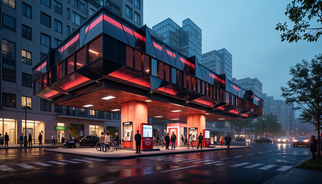 Prompt: Fragmented gas station facade, irregular shapes, bold color contrasts, dynamic angular lines, fractured forms, futuristic aesthetic, metallic materials, reflective surfaces, neon lights, urban cityscape, busy streets, evening atmosphere, dramatic shadows, high-contrast lighting, 1/1 composition, close-up shot, abstract textures, atmospheric fog.